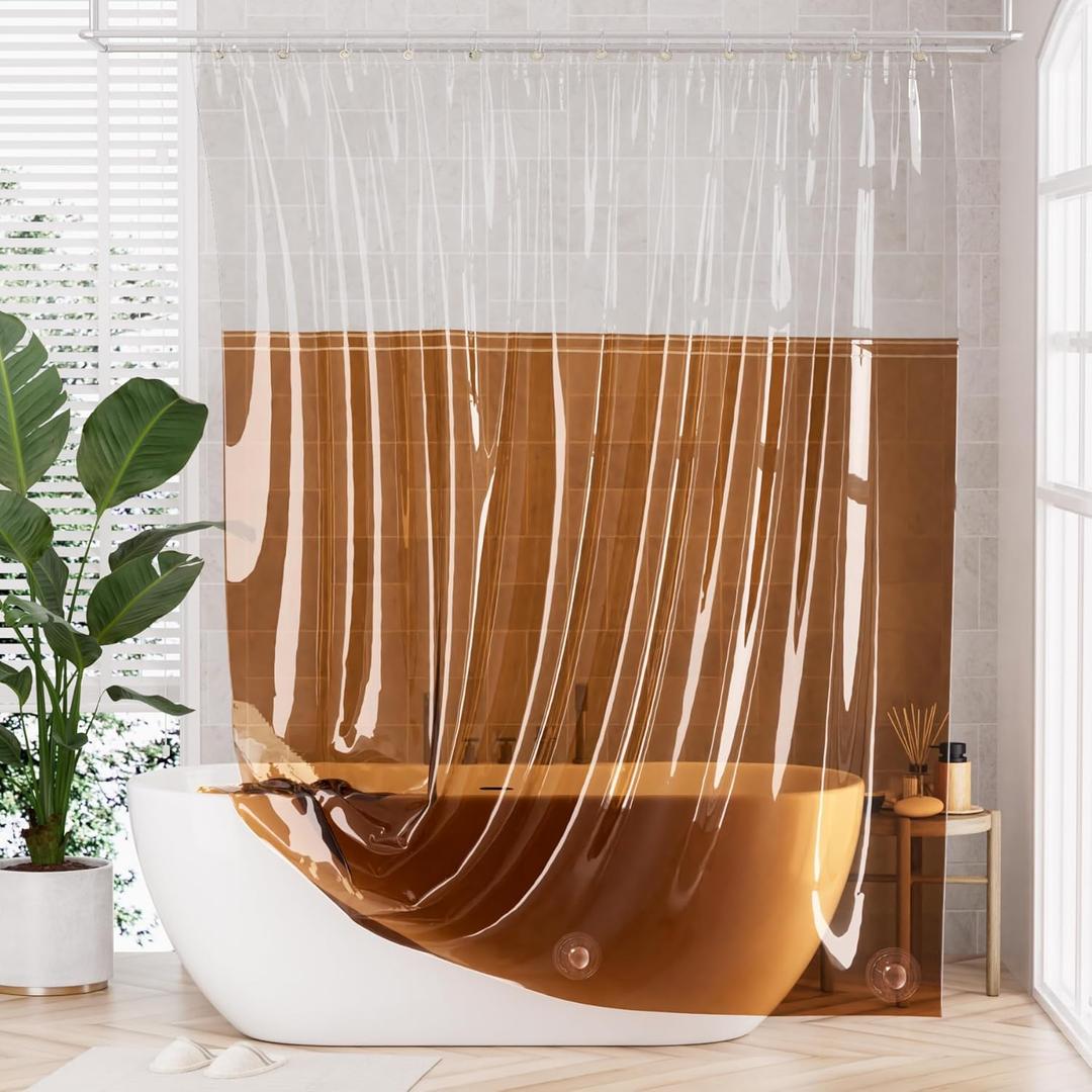 AmazerBath 100% EVA Shower Curtain Liner, 72 x 72 Inches Heavy Duty Shower Curtain and Liner 2-in-1 with 3 Clear Stones and 12 Brass Grommets, Color Block Soft Shower Liner - Clear & Amber