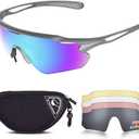 Cycling Glasses with Interchangeable Lenses, Mens Womens Polarized Sports Sunglasses, Running Baseball Cricket Sunglasses (Large, Gray-revo Blue)