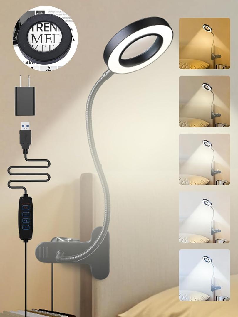 10X Magnifying Glass with Light,5 Colors+10 Brightness Reading Lamp,58 LED Magnifier with Light,750 Lumen Lighted Magnifying Glass for Reading,Clip on Lamp for Desk/Bed/Work/Nail [Adapter]