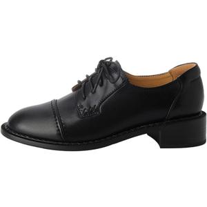Women's Perforated Classic Lace-up Oxfords Brogue Wingtip Round Toe Derby Saddle Leather Shoes for Women Girls Lady Wife Black 7