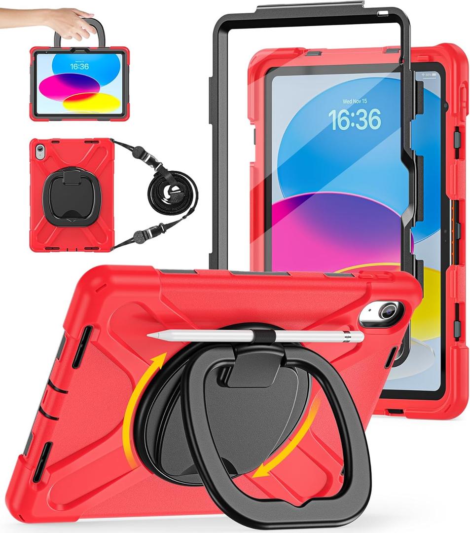 BATYUE Case for iPad (A16) 11th/10th Gen 11''/10.9'' 2025/2022 - Heavy Duty Shockproof Cover with 360 Rotating & 180 Folding Stand, Screen Protector, Shoulder Strap & Pencil Holder | Red