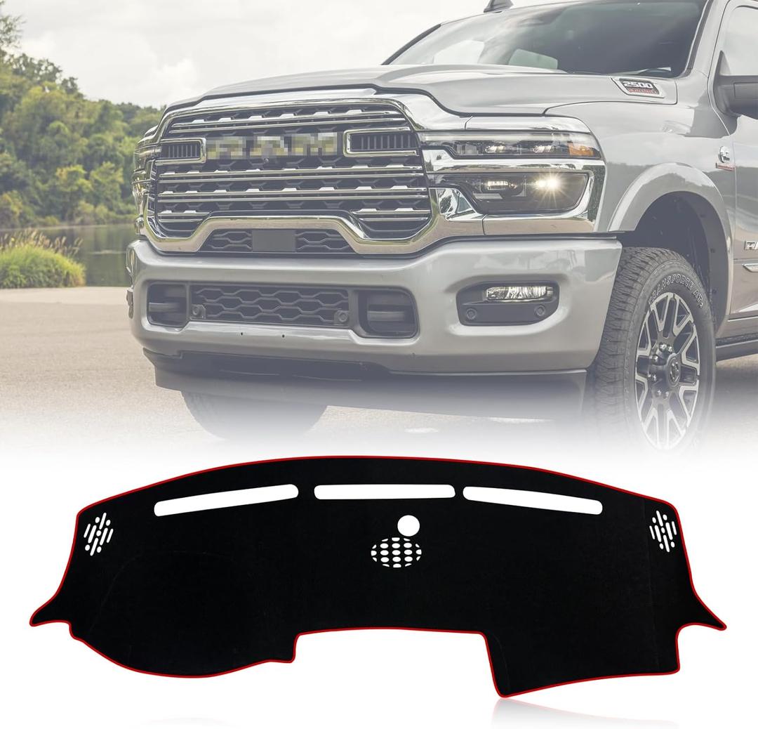 Dashboard Cover Dash Mat Pad Compatible with 2019 2020 2021 2022 2023 2024 2025 2026 Dodge RAM 1500 2500 3500 Dash Cover Protector (Red Trim)