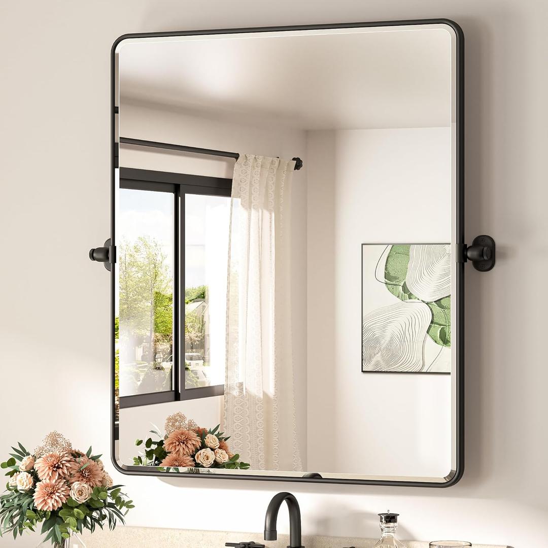 TETOTE Matte Black Pivot Bathroom Mirror 30 x 36 Tilting Beveled Rectangle Metal Framed Mirror, Farmhouse Adjustable Tilt Rectangular Vanity Tempered Glass Mirror, Horizontal/Vertical, Easy to Install