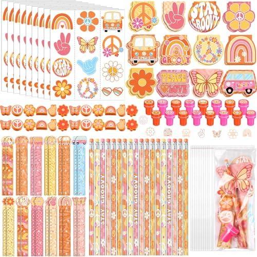 PerKoop 168 Pcs Groovy Party Favors Birthday Decorations Retro Boho Hippie Themed Two Groovy Mini Notebook Pencil Sticker Stamp Gift Goodie Bag for 60s 70s Peace Rainbow Daisy Prizes Piñata Fillers