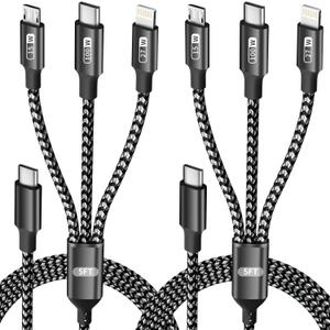 100W USB C Multi Charging Cable with E-Mark Chip, 3 in 1 USB C Fast Charging Cable, Universal Multiple Charger Cord with Type-C, Micro USB, IP Port for iPhone16/15/14/Cell Phones and More (2Pack 5FT)