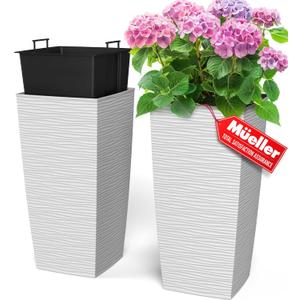Mueller M-Resin Heavy Duty Tall Planters for Outdoor Plants, Indoor Grande Plant Pots, Boxes, Trees, Flower Pots, 2-Piece Set, 24, Modern Design, Built-in Drainage, Front Porch Decor, White (24 x 11.5", White)