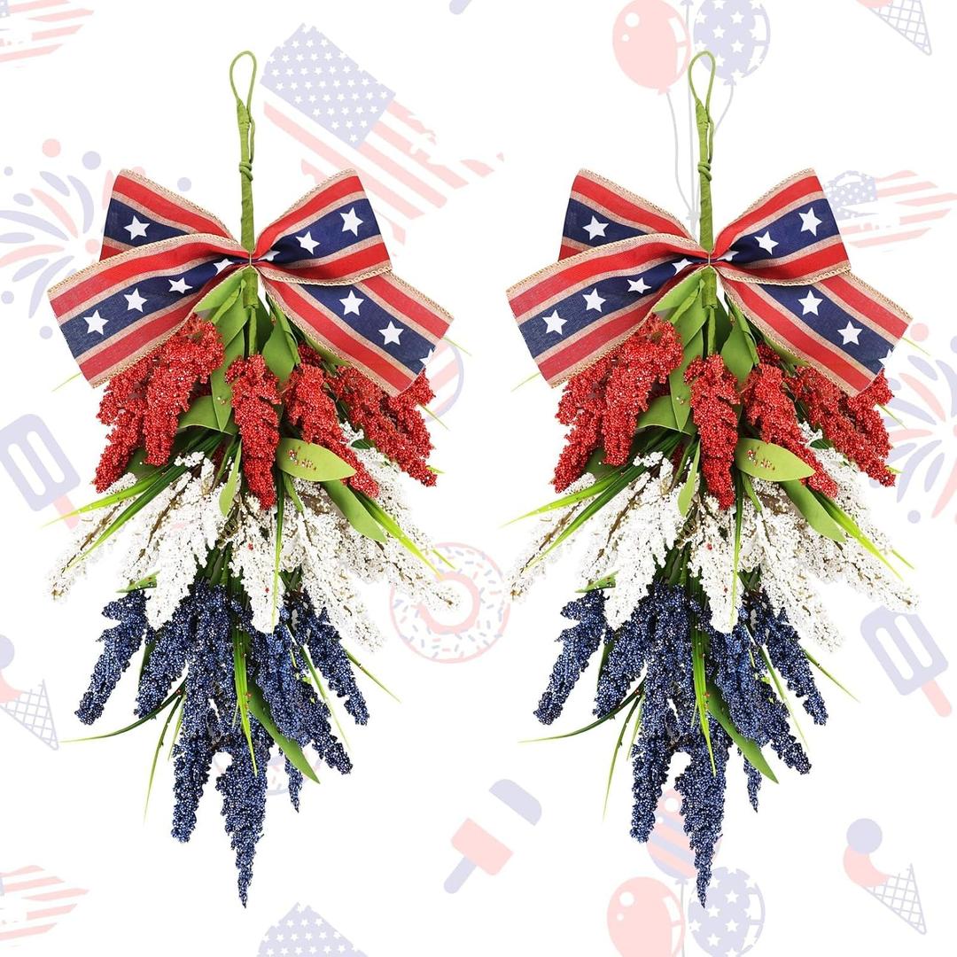 24inch Patriotic Red, White and Blue Floral Swag Wreath for Front Door Patriotic American Floral Teardrop Swags 4th of July Independence Day Rings Wreaths for Pillars Porch Wall Window Decor