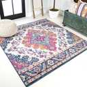 JONATHAN Y Boho Vintage Blue/Multi 4x4 Square Area Rug, Bohemian Flair Medallion, Floral Easy-Cleaning High Traffic for Living Room, Bedroom, Kitchen, Pet-Friendly, Non Shedding (BMF106A-4SQ)