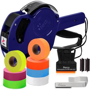 Perco Lite 1 Line Price Gun with Labels Kit - Includes 1 White Roll, 1 Gun Clip, 6 Multicolored Rolls, 2 Ink Rollers, 1 Ink roll and Labels Pre-Loaded