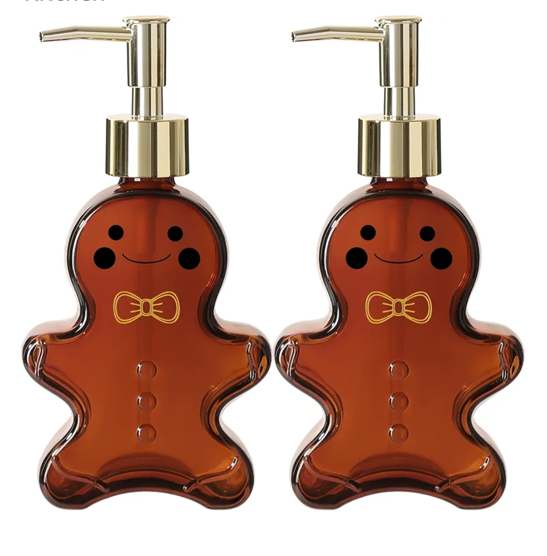 Christmas Soap Dispenser, 2 Pack Amber Glass Bathroom Gingerbread Man Hand Soap Dispensers with Gold Pump, 10 fl oz Refillable Christmas Decor Soap Dispenser for Kitchen