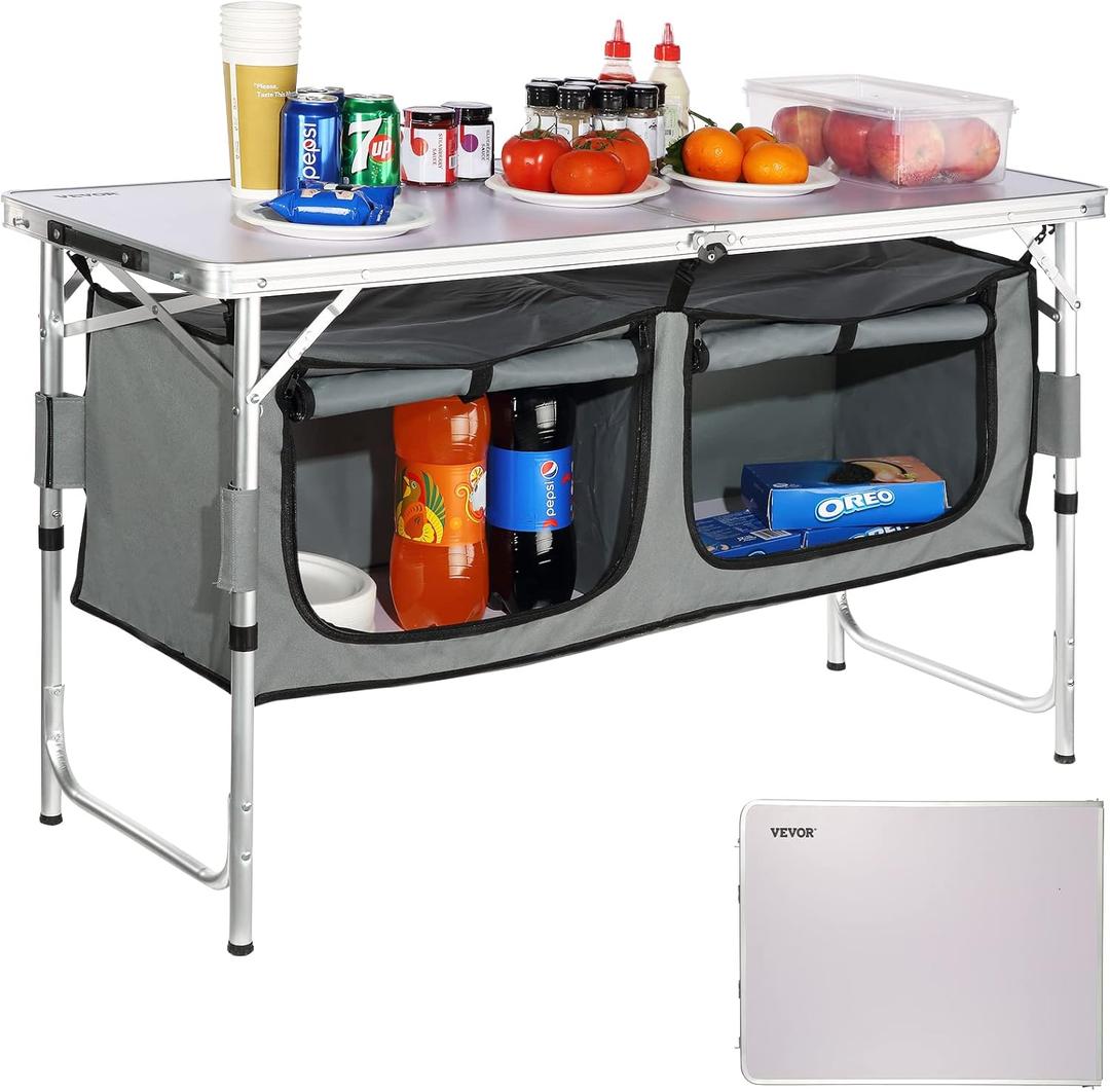 VEVOR Camping Kitchen Station, 3 Adjustable Height Folding Outdoor Camp Cooking Table with Storage Organizer, Quick Set-up for Patio BBQ Picnic Glamping Traveling (Grey)