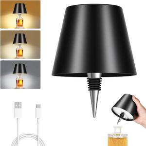 Rechargeable Wireless Bottle Lamp - 3 Color Stepless Dimmable, Metallic Black Lampshade, 5H Bright Light or 48H Soft Glow,Ideal for Home Décor, Parties, Bar