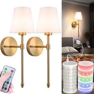 Battery Operated Wall Sconces Set Of 2, Wireless Battery Wall Light With 10000mAh RGB Rechargeable Magnetic Bulb, Rechargeable Wall Sconce With Remote Control For Bedroom, No Electrician Required, Brass