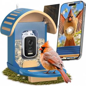 Smart Bird Feeder with Camera, Blue | 2.5K UHD, AI Bird Species Identification, Solar Powered, 2.4G WiFi, IP66 Waterproof Outdoor, Instant Alerts, Gift