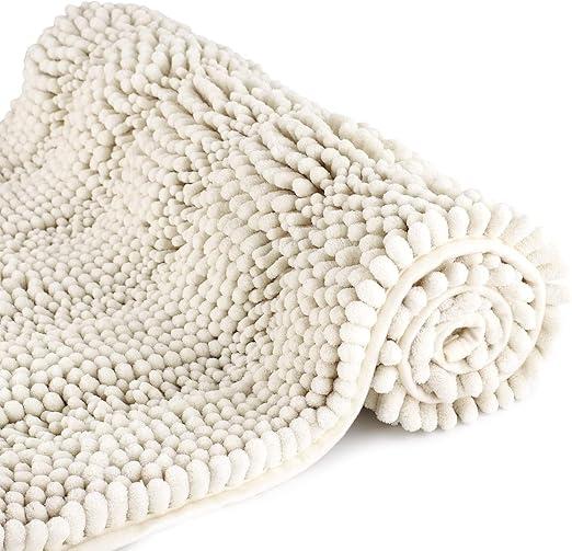 TENGTENGLINK Bath Rugs for Bathroom, White, Thick Floor Mats, Soft Chenille Floor Mats, Non-Slip Shower Mats, Ultra Water Absorbent, 16" x 24", Ivory White
