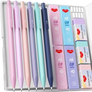 Smallbudi 6PCS 0.9mm Mechanical Pencils Set with Case, Cute Pastel Mechanical Pencil with 160PCS HB Lead Refills, 3 Erasers, Aesthetic Back to School Supplies for Student Writing Drawing Sketching