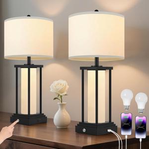 3 Way Dimmable Table Lamp With USB Ports, Stepless Dimming, 3 Color Temperatures, Living Room Table Lamps, Farmhouse Table Lamps For Living Room, 26.8 Farmhouse Lamps Set of 2(Bulbs Included)