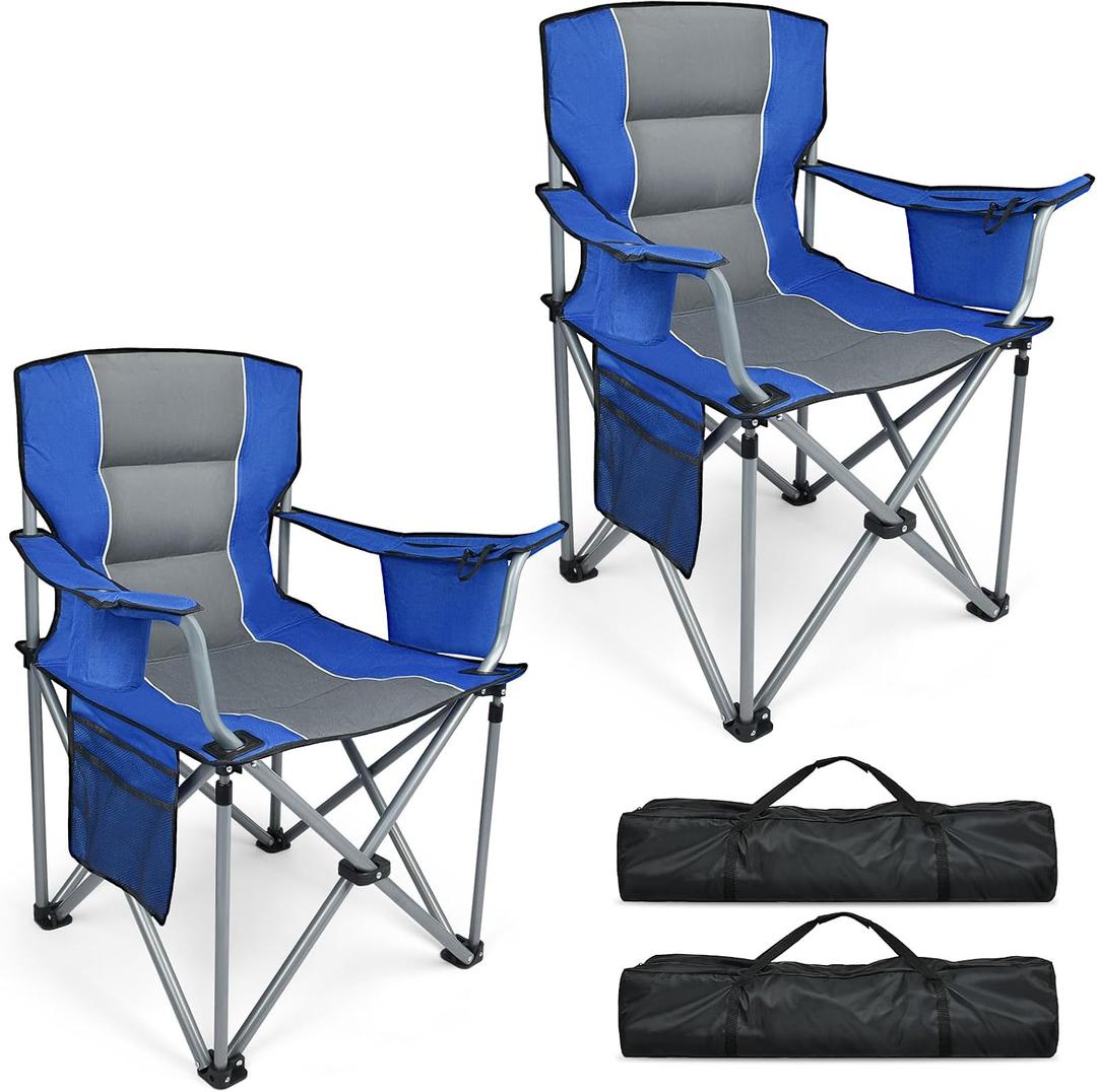 Outdoor Folding Camping Chairs 2 Pack Oversized Folding Chairs Heavy Duty Support 400 LBS with Cup Holder, Cooler Bag and Side Pocket, Carry Bag Included, Collapsible for Lawn Outside Sports, 23.6 inches x 23.6 inches x 37.8 inches
