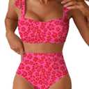Herseas Women's Tie Shoulder Bikini Sets 2 Piece Striped Swimsuits High Waisted Bathing Suits (Red, M)