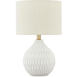 Signature Design by Ashley Wardmont Contemporary Modern Table Lamp with Drum Hardback Fabric Shade, On-Off Switch, Ceramic, 17.75" High, Antique White