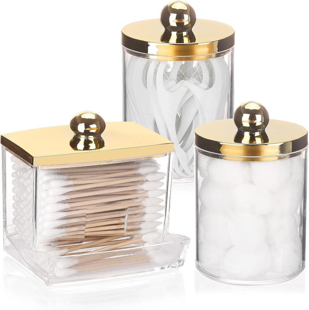 Tbestmax 10oz Cotton Ball Holder 7oz Qtips Dispenser, Bathroom Container Organizer for Storage Cotton Swabs, Pads - Apothecary Jar with Gold Lids