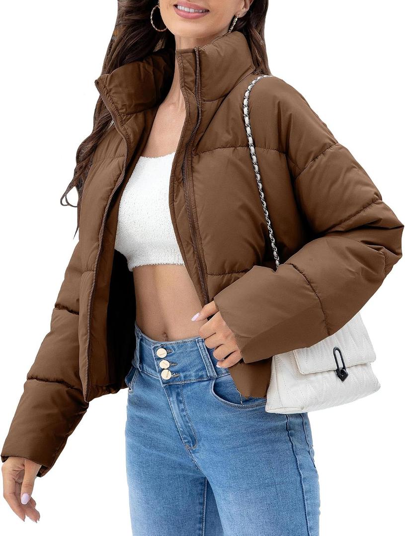 WHN Women’s Cropped Puffer Jacket Coat Warm Winter 2026 (Brown, L)
