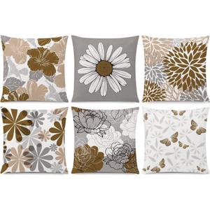 COMMINY Brown Grey Pillow Covers 18x18 Set of 6 Decorative Daisy Flower Throw Pillow Cover for Couch Modern Coffee Pillow Case for Patio Living Room Cushion Bed Farmhouse Home Decor