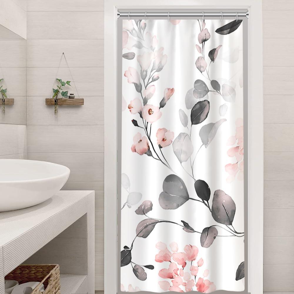 Stall Shower Curtain, Watercolor Grey Eucalyptus Small Shower Curtain Set Waterproof Spring Floral Bathroom Decor with Hooks, 36x72 Inch