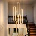 Flashing God H138 Modern Chandelier 6-Rings Large Chandelier for High Ceiling Led Dimmable Ring Pendant Lighting Black Contemporary Chandeliers for Villa Foyer Entrance Living Room