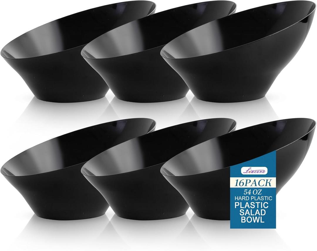 Liacere 16PCS Black Plastic Bowls - 54 OZ Angled Serving Bowls Disposable for Chip - Candy Party Table Salad and Fruit for Party & Wedding & New Year
