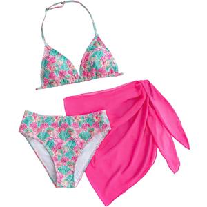 RoseSeek Girl's 3 Piece Bikini Sets Floral Halter Bars and Panties with Tie Side Mini Skirts Swimwear (Pink)