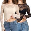 Women's Lace Tops Mesh Sheer Long Sleeve See Through Undershirt (XL)
