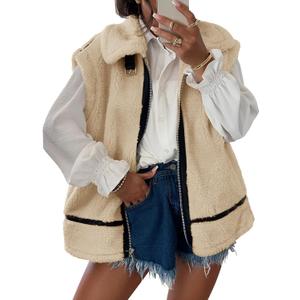 Tankaneo Womens Fuzzy Fleece Vest Sleeveless Zip Up Sherpa Jacket Fall Loose Fit Warm Outerwear with Pockets (Large, Apricot)