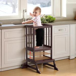 COSYLAND Height Adjustable Kitchen Stool for Toddlers  Portable Toddler Standing Tower for Learning and Cooking  Stable Kids Helper Tower with Stability Block for Kitchen Counter (Walnut) (Large)
