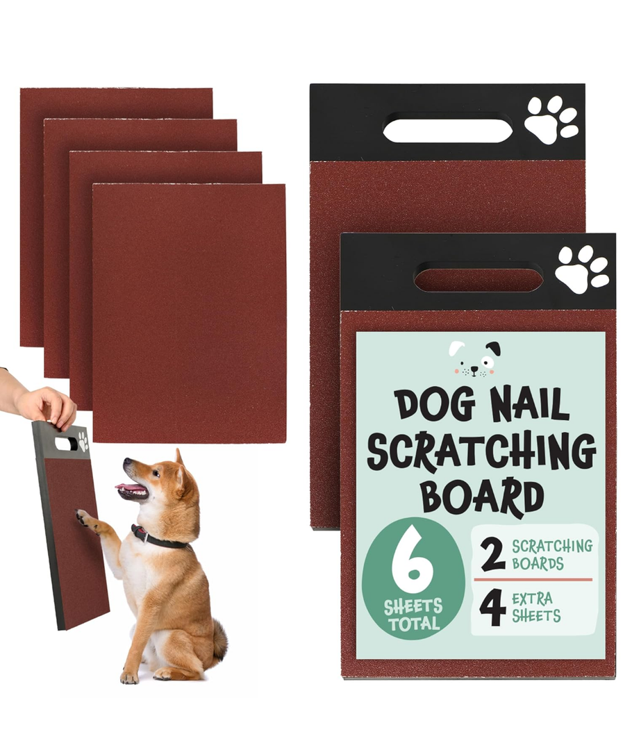 Evergreen Pet Supplies [6 Pads] Scratch Pad for Dogs - 2-Sided Medium & Coarse Sandpaper Dog Scratch Pad for Nails w/Extra Sheets - w/Handle - Dog Scratch Board for Nails