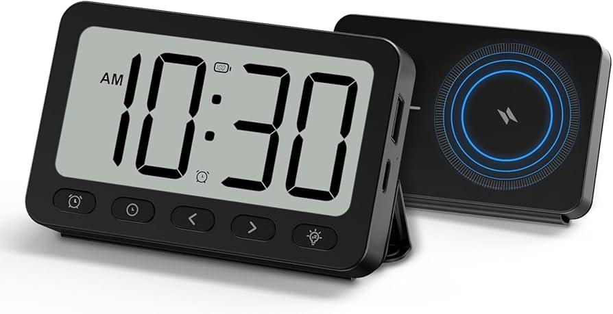 ANJANK Digital Travel Alarm Clock, 6000mAh Portable Power Bank Battery for MagSafe Charging, Magnetic Wireless Charger for iPhone, USB-C & USB-A Charging, Small Foldable LCD Clock with Backlight