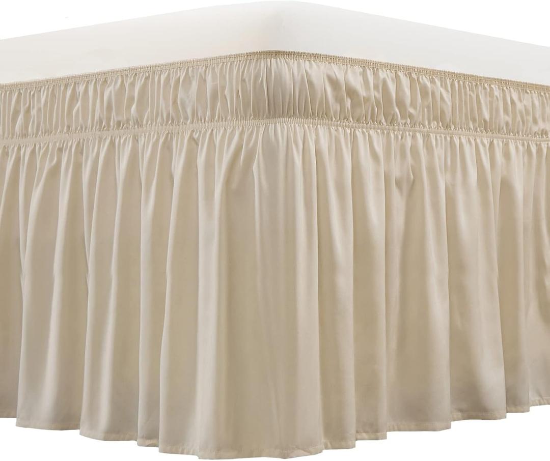Wrap Around Bed Skirt Three Fabric Sides Elastic Dust Ruffled 16 Inch Tailored Drop,Easy to Install Fade Resistant-Beige, Queen/King