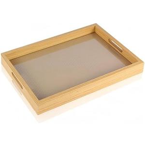 Rattan Rectangular Service Trays, Leather Surface Tray Food Drinks Tray,with Handles for Coffee Table, Breakfast, Dinner & Bar,Kitchen,Party（15.3×11.5×1.8inch）