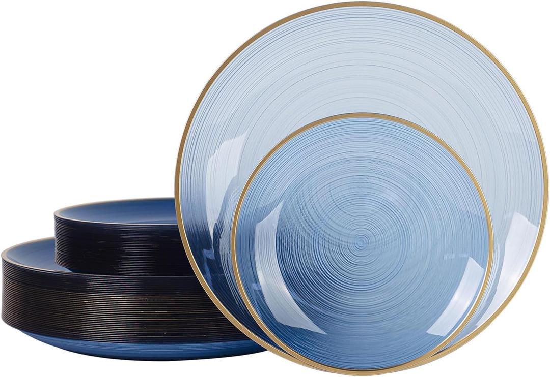 80pcs Disposable Clear Blue Plastic Plates With Gold Rim, Include 40-7 inch Dessert Plate and 40-10 inch Dinner-Plates for Party, Wedding and Birthday