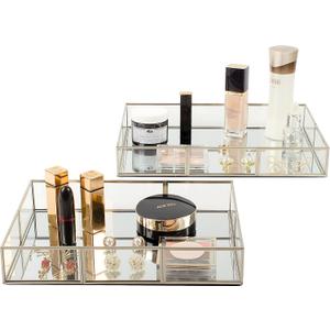 Perfume Vanity Tray With Metal Frame, Gold Bathroom Decorative Tray for Dresser, Jewelry or Home Decoration 2 Pcs (L+S)