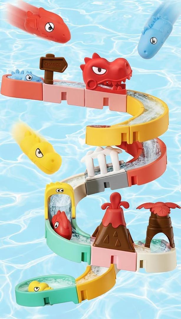 SOCBTNSO Dinosaur Slide Toys, Toddler Bath Toys for Kids Ages 4-8, DIY Building Kit for Ages 5-7, Bathtub Time Birthday Gifts for Toddler 3 + Year Old (36 PCS)