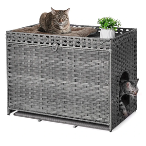 Cat Litter Box Enclosure with Soft Litter Mat; Hidden Kitten Washroom Furniture with Door; Handwoven Rattan Cat House with Large Space; Pet Crate for Living Room, Bedroom, Balcony (Grey)