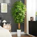 7ft Ficus Artificial Tree with 3 Natural Curved Trunks, 84" Tall Lush Faux Tree for Home Decor Indoor, Green Lifelike Fake Ficus Tree with White Planter Pot