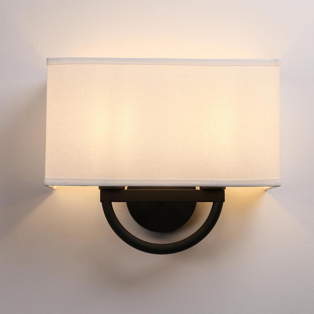 Industrial 2-Lights Wall Sconce Fixtures with White Textile Shade, Vintage Double Head Wall Light Lamps Decor for Hallway Bedroom Living Room Bathroom Corridor (Black)