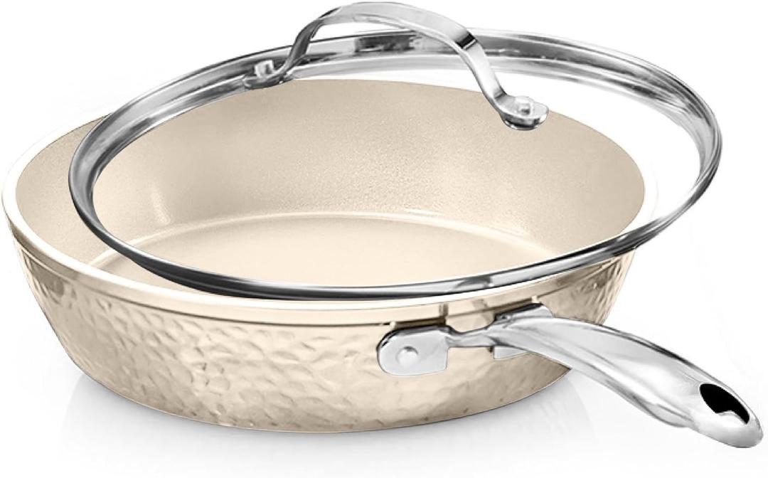 GOTHAM STEEL Hammered 10 Inch Non Stick Frying Pans with Lid, Frying Pans Nonstick with Lid, Non Toxic PFOA PFOS Free, Skillet Pan for Cooking, Induction Oven and Dishwasher Safe  Cream