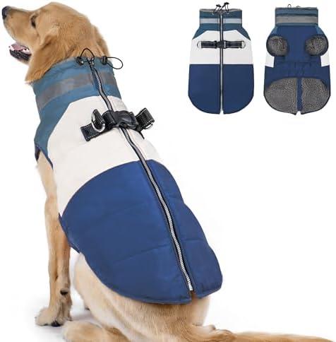 azuza Dog Jacket for Dogs Waterproof Dog Coat with Reflective Strips and Harness Built in Warm Fleece Dogs Winter Coat Windproof with Back Zipper, Navy 2XL