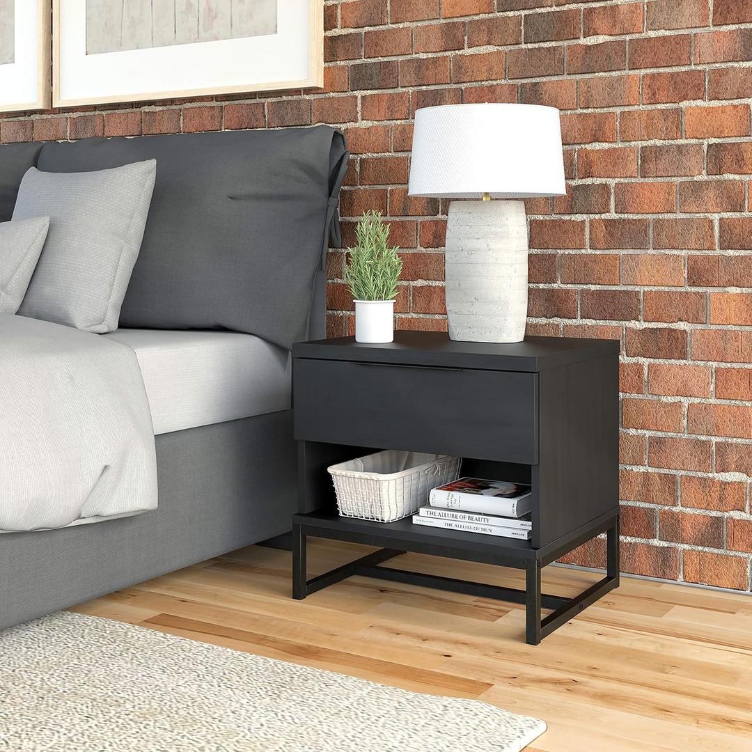 Boyd Sleep Catania One Drawer Nightstand with Open Storage Shelf: Modern Bedroom Storage Side Table, Black