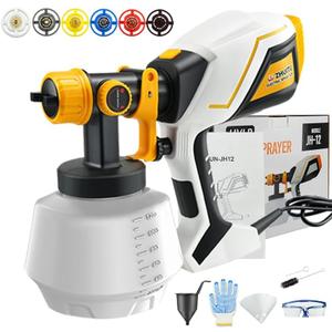 Paint Sprayer 1000W HVLP Electric Spray Paint Gun with 6 Copper Nozzles and 3 Spray Patterns 1200ML High Capacity Container for Furniture, Fences, Walls, Garage Doors (Yellow)