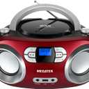 MEGATEK Portable CD Player Boombox with FM Radio, Bluetooth, USB Port, AUX Input, and Headphone Jack  CD-R/CD-RW/MP3-CD Compatible, Clear Stereo Sound, Backlit LCD Display  Cherry Red