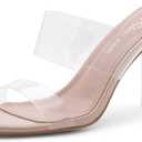 Shoe Land Brienna Women's Clear Heels Chunky Block Heeled Slides Open Toe Two Band Slip-On Mules  Dressy Heeled Sandals for Prom, Wedding, and Party (7, Clearnude)
